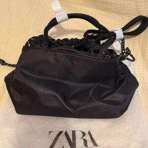 ZARA Black Nylon Drawstring Shoulder Bag with Chain Detail